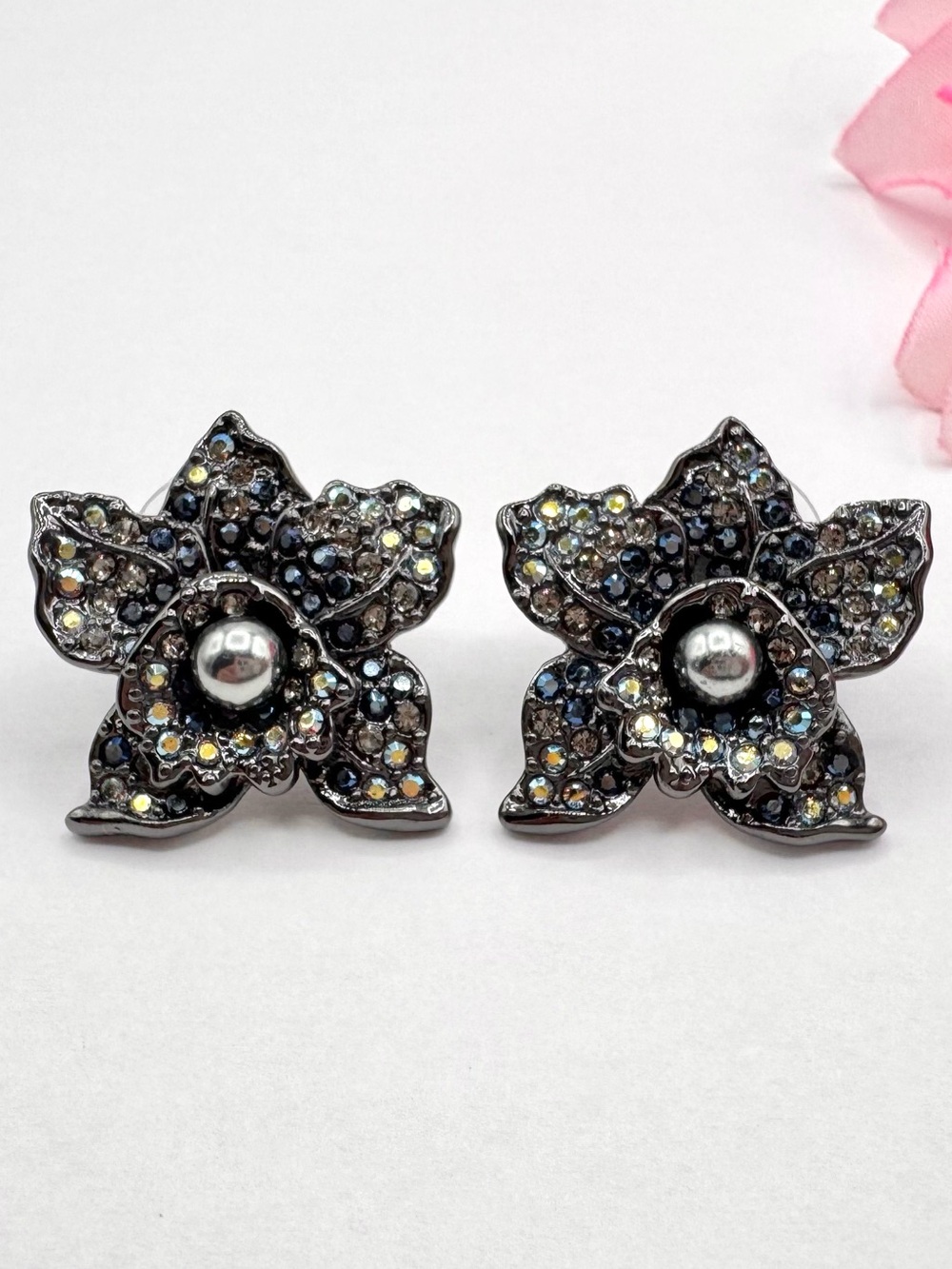 Vintage Joan Rivers Elegance In Bloom Black Pave Orchid Pierced Earrings Signed